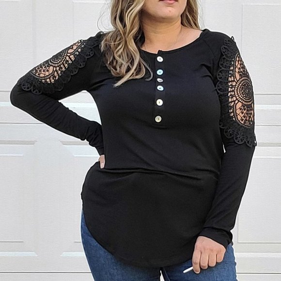 Zenana Outfitters Tops - Black Lacey Henley